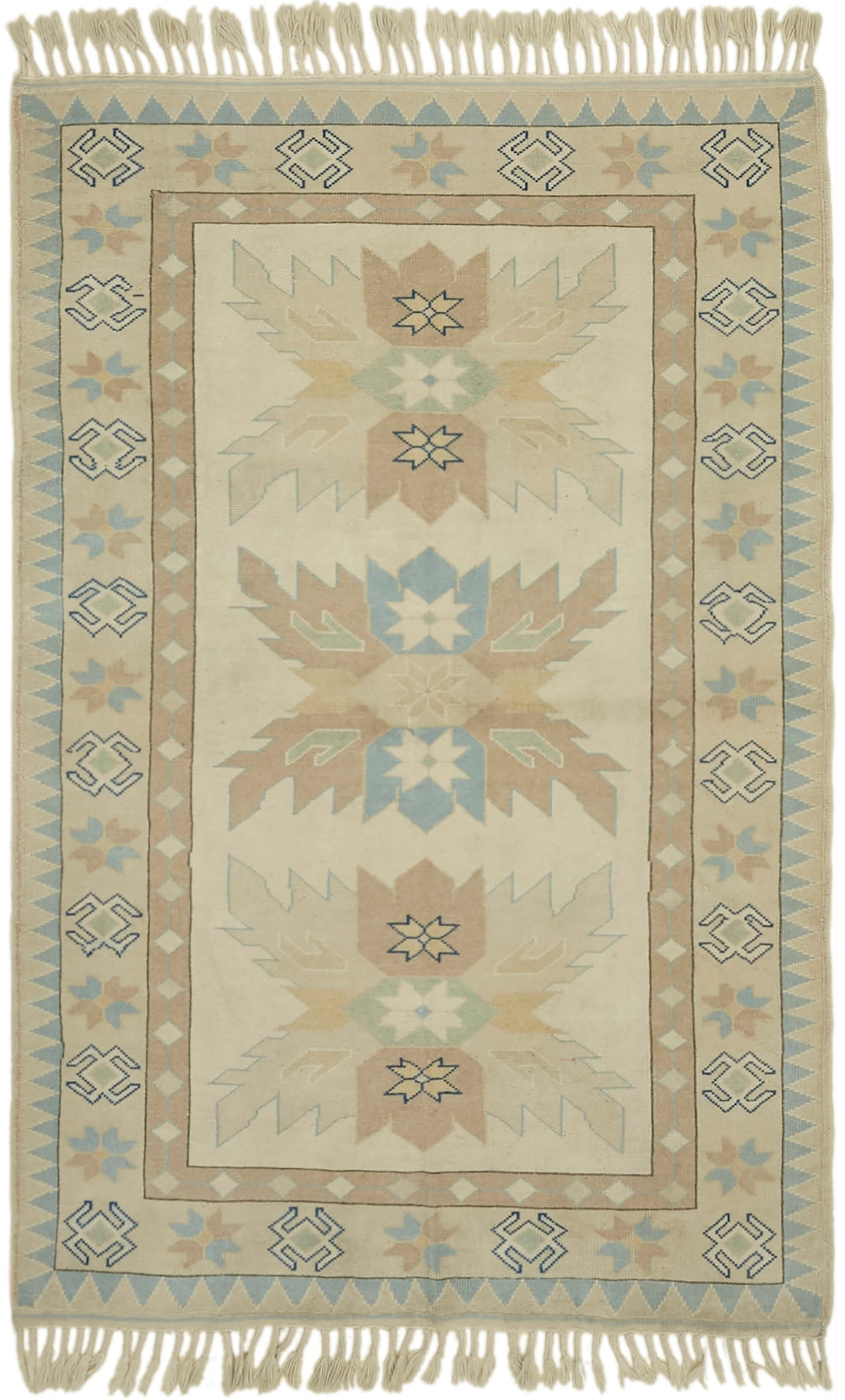 Kavale Bej Mavi Geometrik Desenli Etnik El Dokuma Halı 151x226 cm