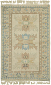 Kavale Bej Mavi Geometrik Desenli Etnik El Dokuma Halı 151x226 cm