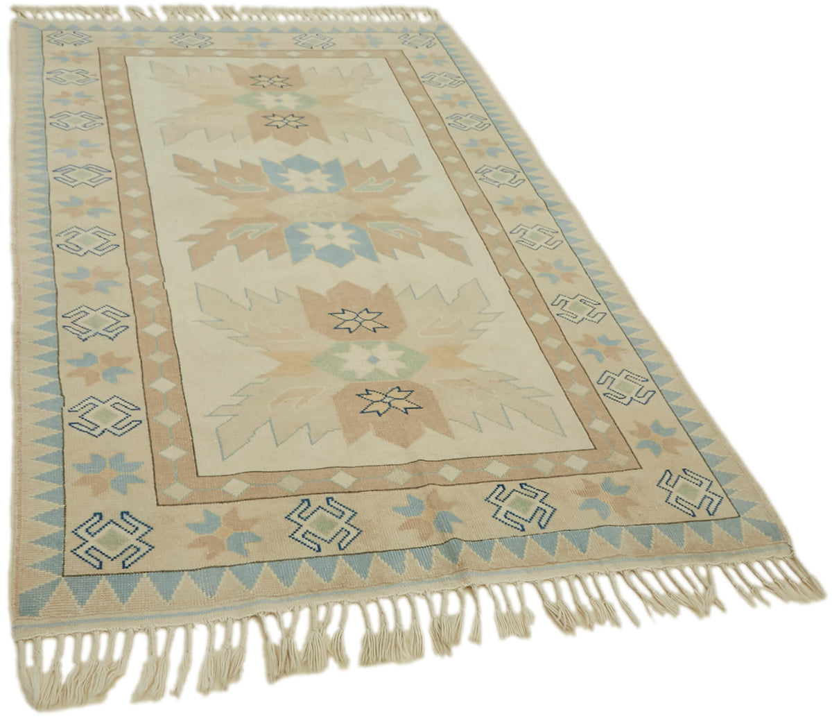 Kavale Bej Mavi Geometrik Desenli Etnik El Dokuma Halı 151x226 cm – genel görünüm