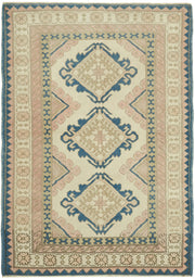 Kavale Krem Mavi Etnik Geometrik Yün Pamuk El Dokuma Halı 153x213 cm