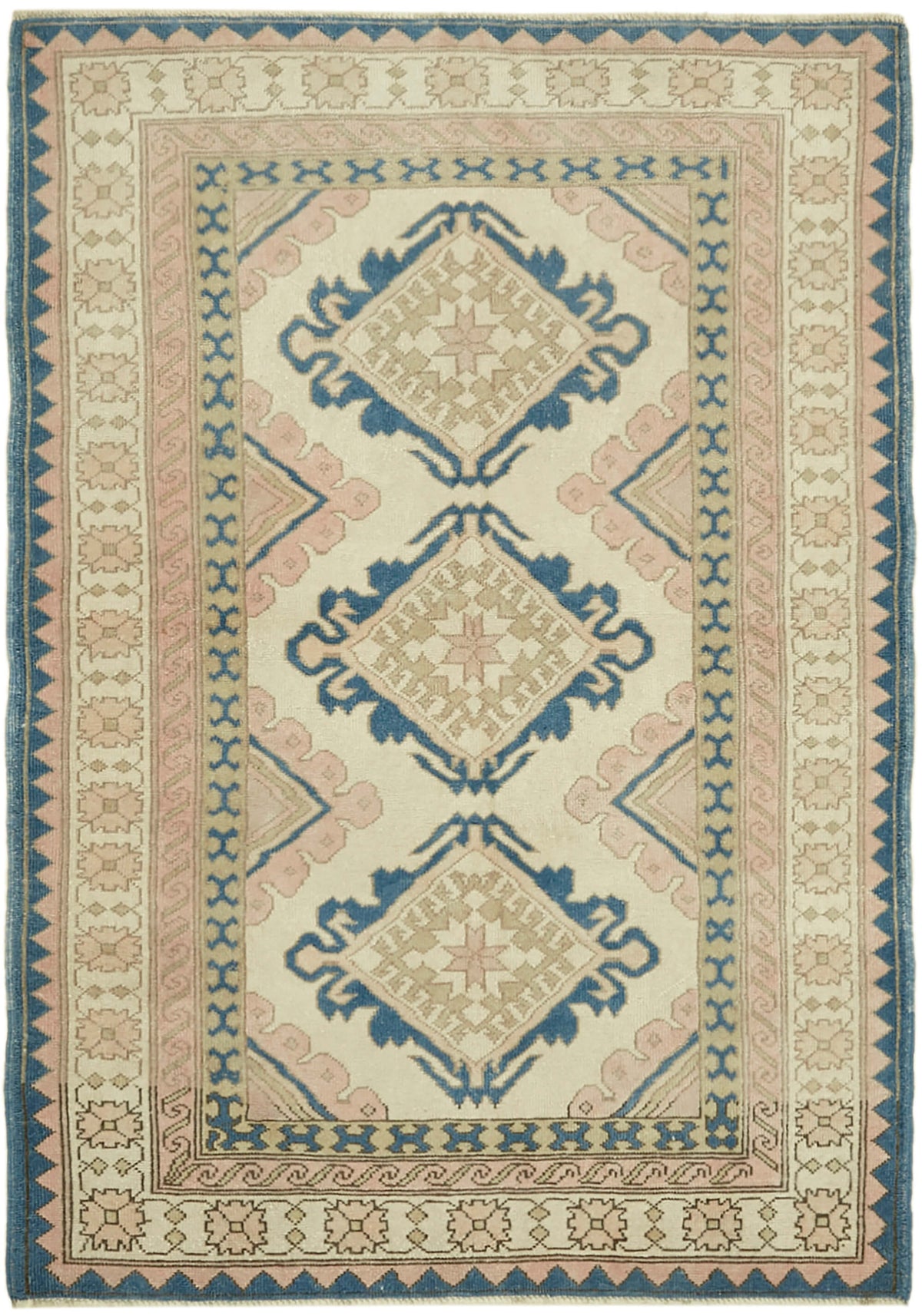 Kavale Krem Mavi Etnik Geometrik Yün Pamuk El Dokuma Halı 153x213 cm