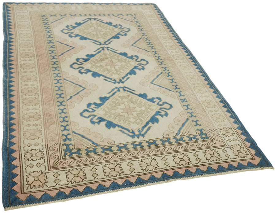 Kavale Krem Mavi Etnik Geometrik Yün Pamuk El Dokuma Halı 153x213 cm – genel görünüm