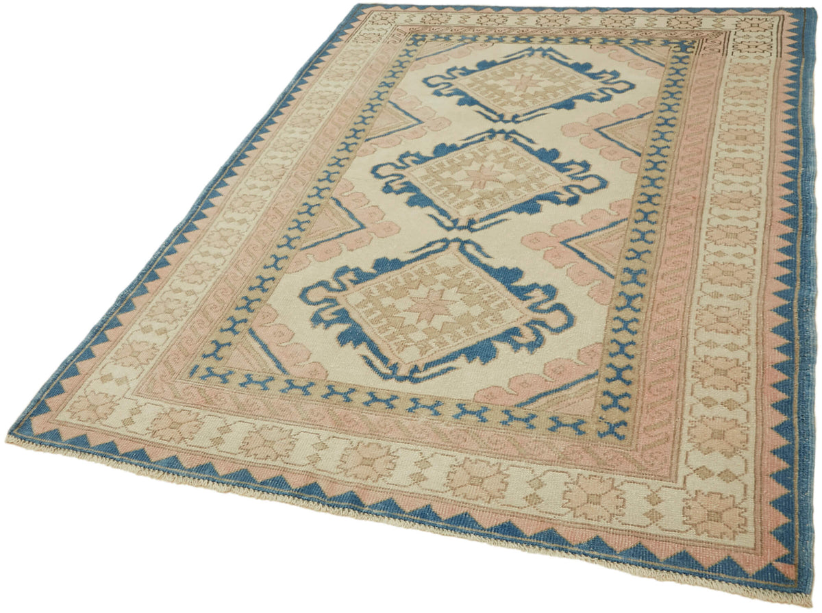 Kavale Krem Mavi Etnik Geometrik Yün Pamuk El Dokuma Halı 153x213 cm – doku yakın çekim