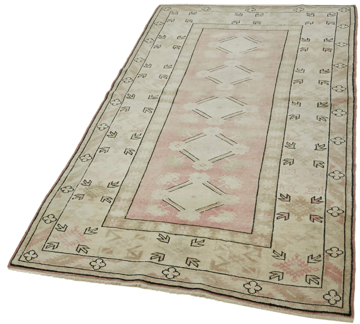 Kavale Vintage Pembe Bej Etnik Geometrik El Dokuma Halı 119x216 cm 43603 – doku yakın çekim