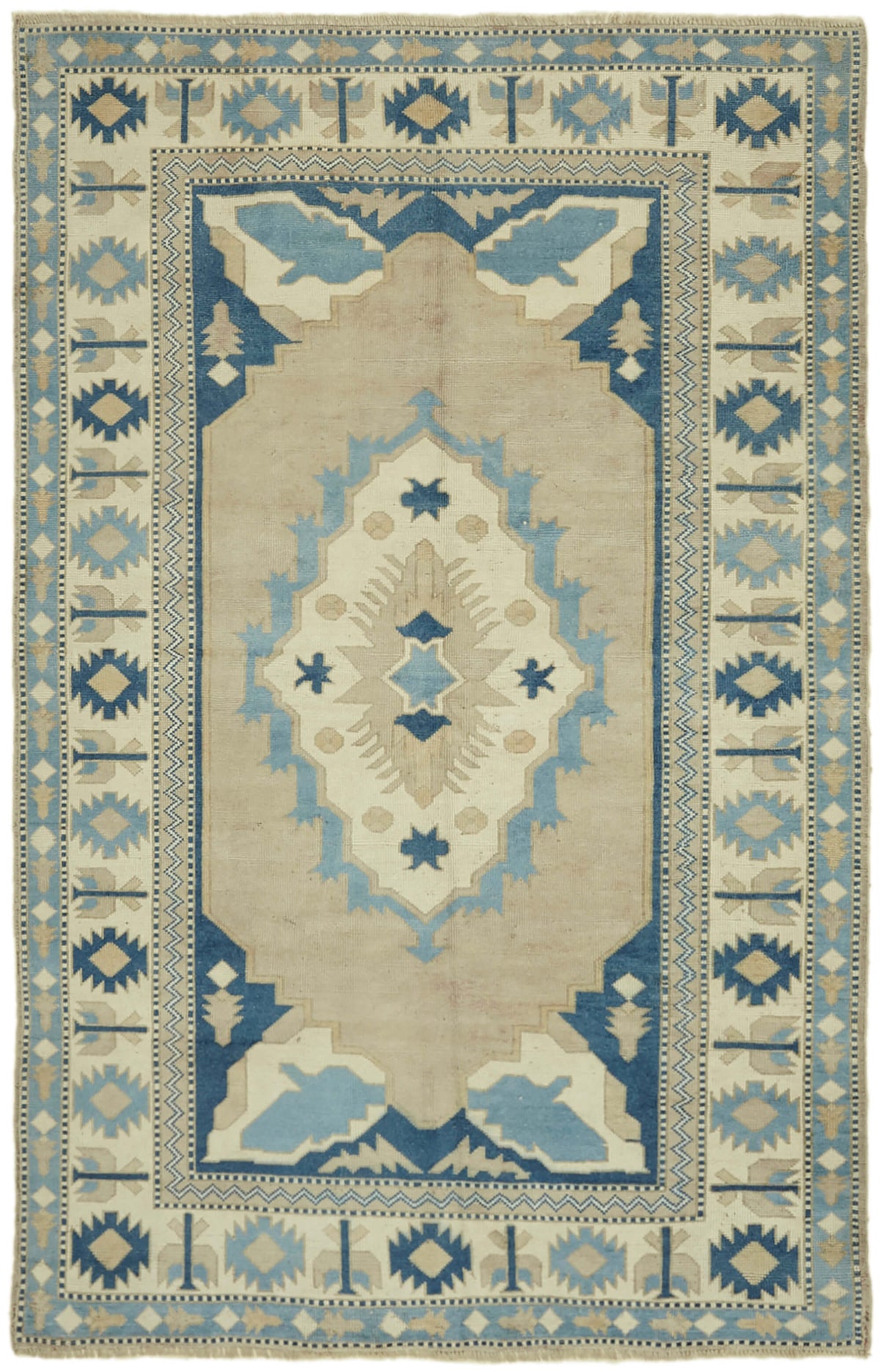 Kavale Bej Mavi Madalyon Desenli Geometrik El Dokuma Halı 169x257 cm