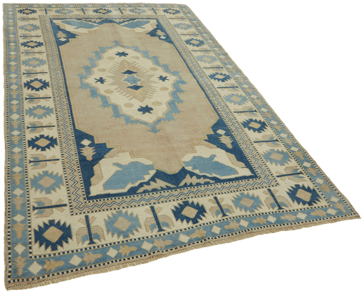 Kavale Bej Mavi Madalyon Desenli Geometrik El Dokuma Halı 169x257 cm – genel görünüm