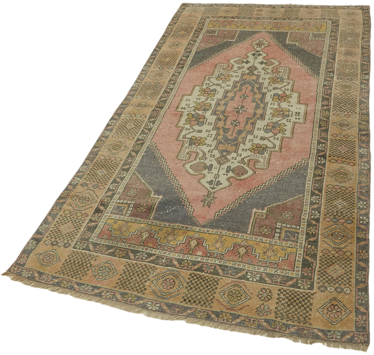 Kavale Pembe Gri Madalyon Desenli Klasik El Dokuma Halı 122x243 cm – doku yakın çekim