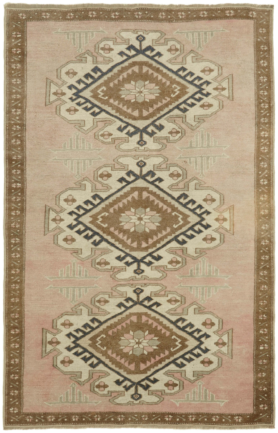 Kavale Pembe Kahverengi Geometrik Desenli Yün El Dokuma Halı 124x188 cm