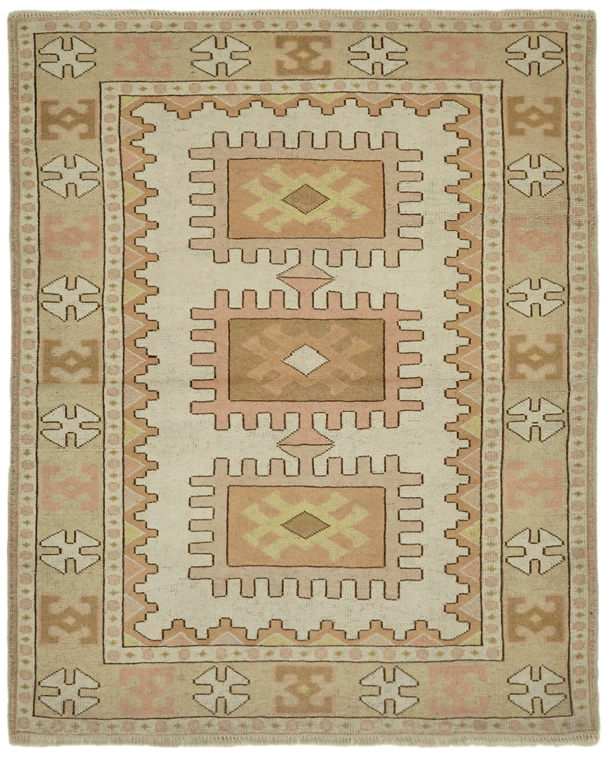 Kavale Bej Kahverengi Etnik Geometrik Desenli El Dokuma Halı 139x166 cm