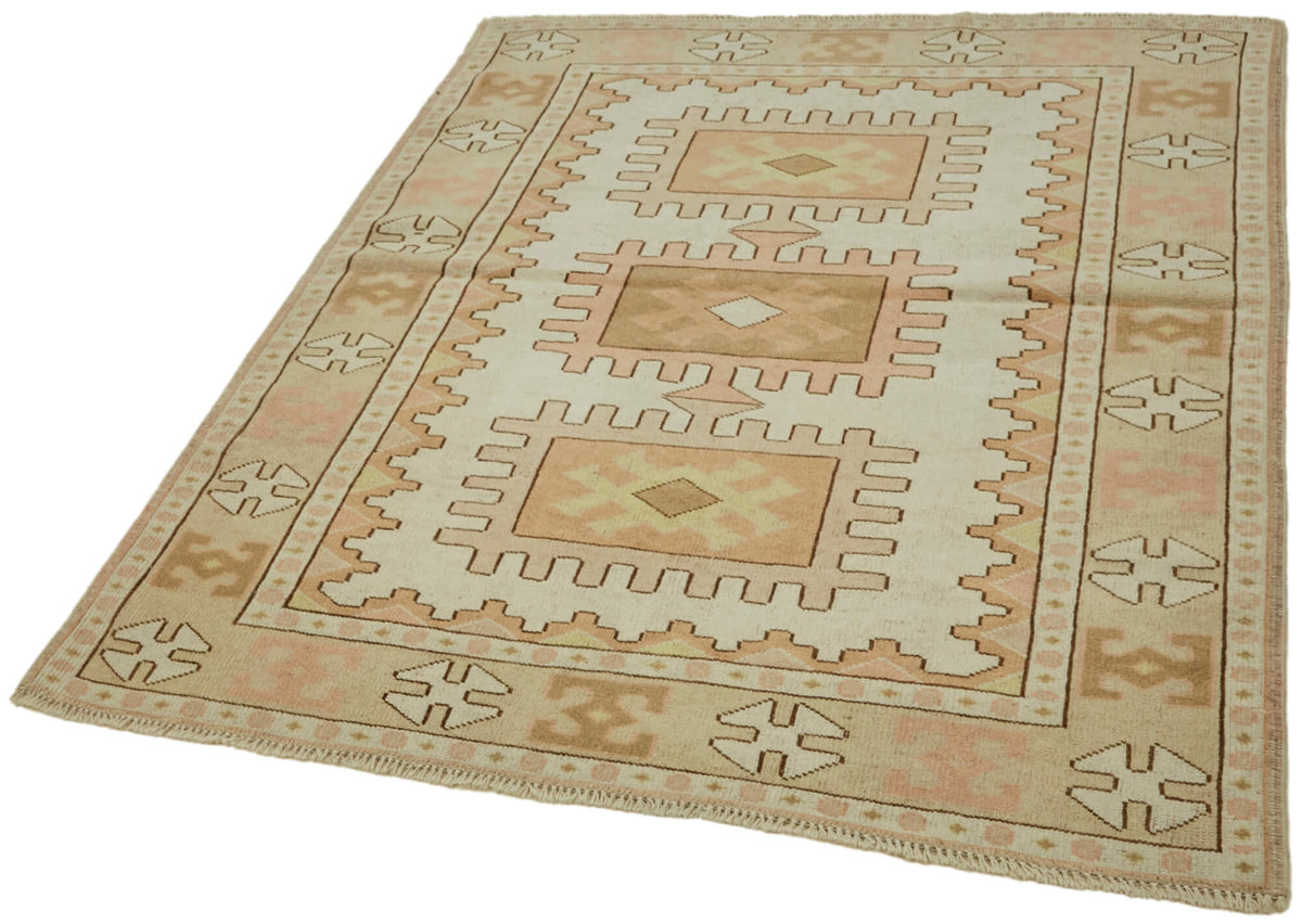 Kavale Bej Kahverengi Etnik Geometrik Desenli El Dokuma Halı 139x166 cm – doku yakın çekim