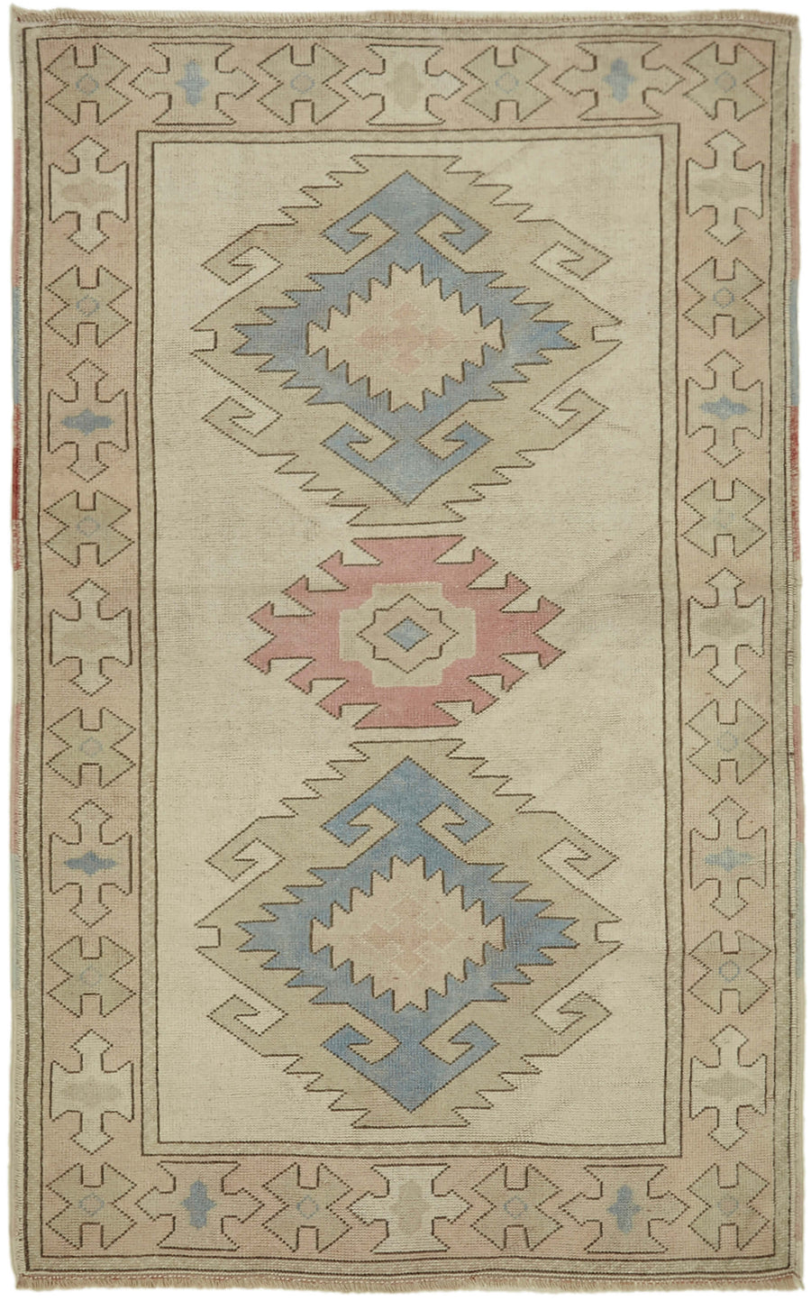 Kavale Bej Mavi Geometrik Etnik El Dokuma Halı 126x202 cm