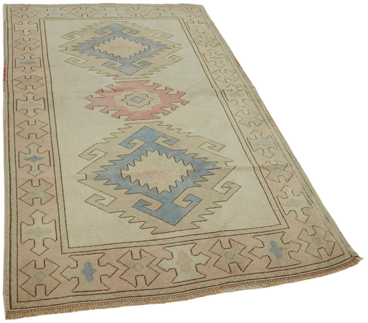Kavale Bej Mavi Geometrik Etnik El Dokuma Halı 126x202 cm – genel görünüm