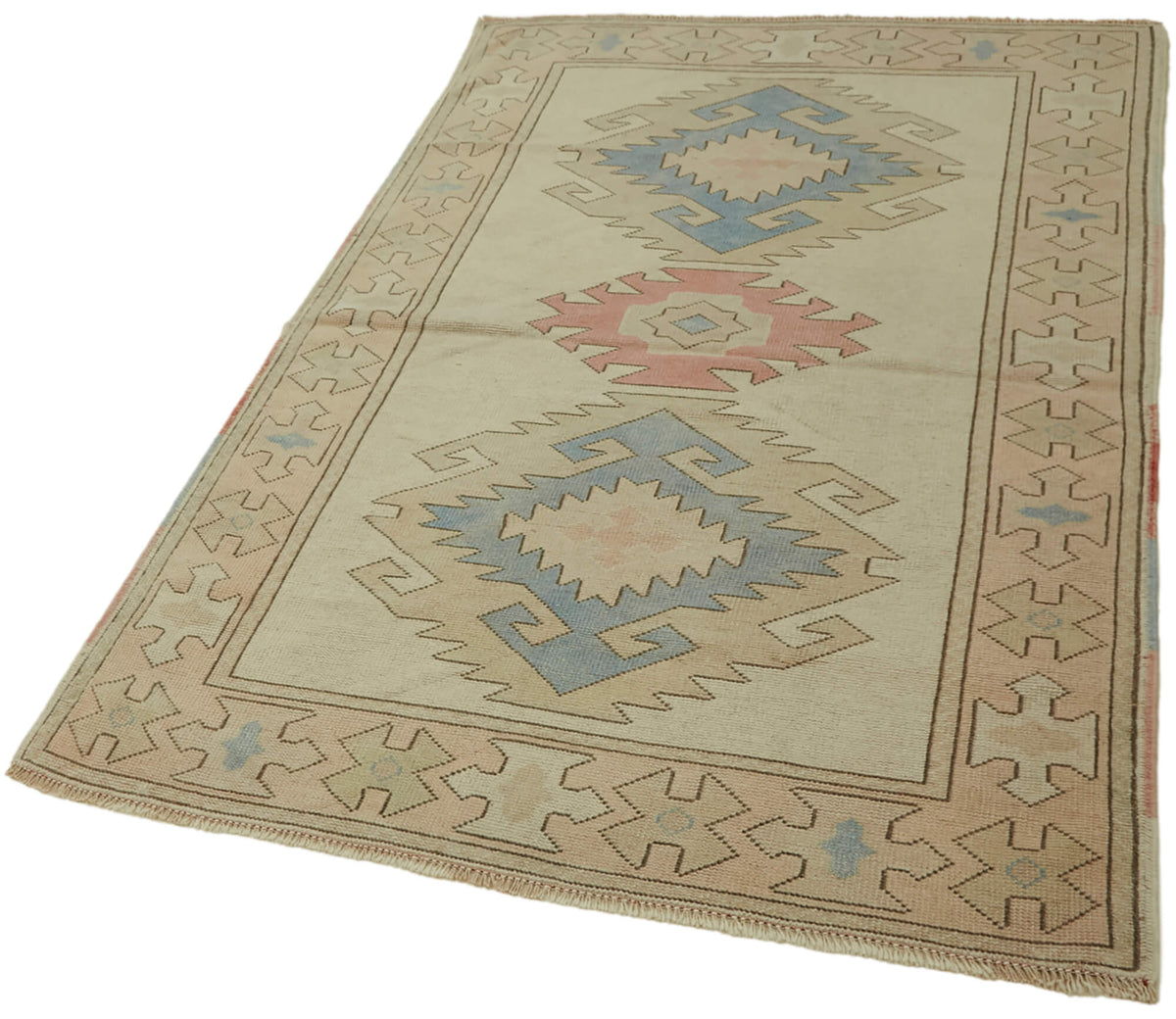 Kavale Bej Mavi Geometrik Etnik El Dokuma Halı 126x202 cm – doku yakın çekim