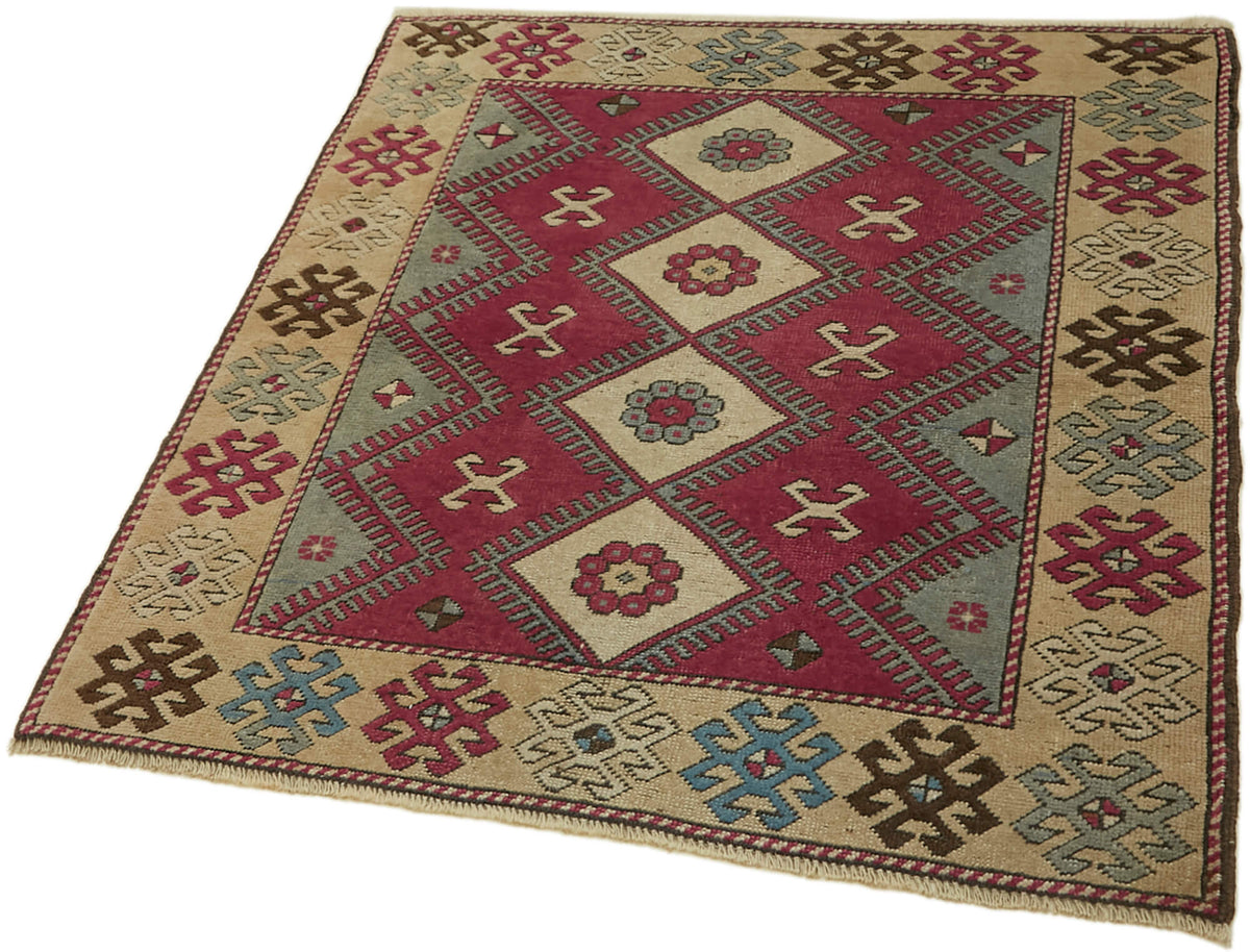 Kavale Pembe Bej Etnik Geometrik El Dokuma Halı 106x120 cm – doku yakın çekim