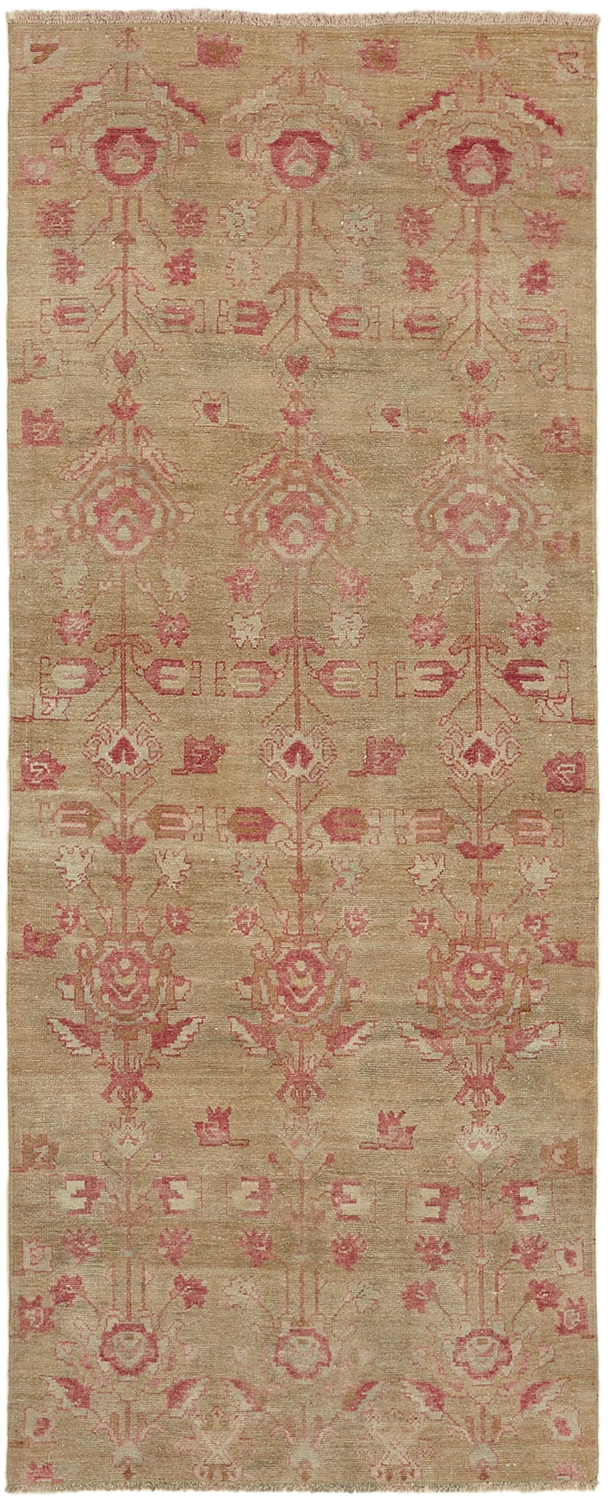 Kavale Bej Pembe Geometrik Pamuk Yün El Dokuma Halı 92x225 cm