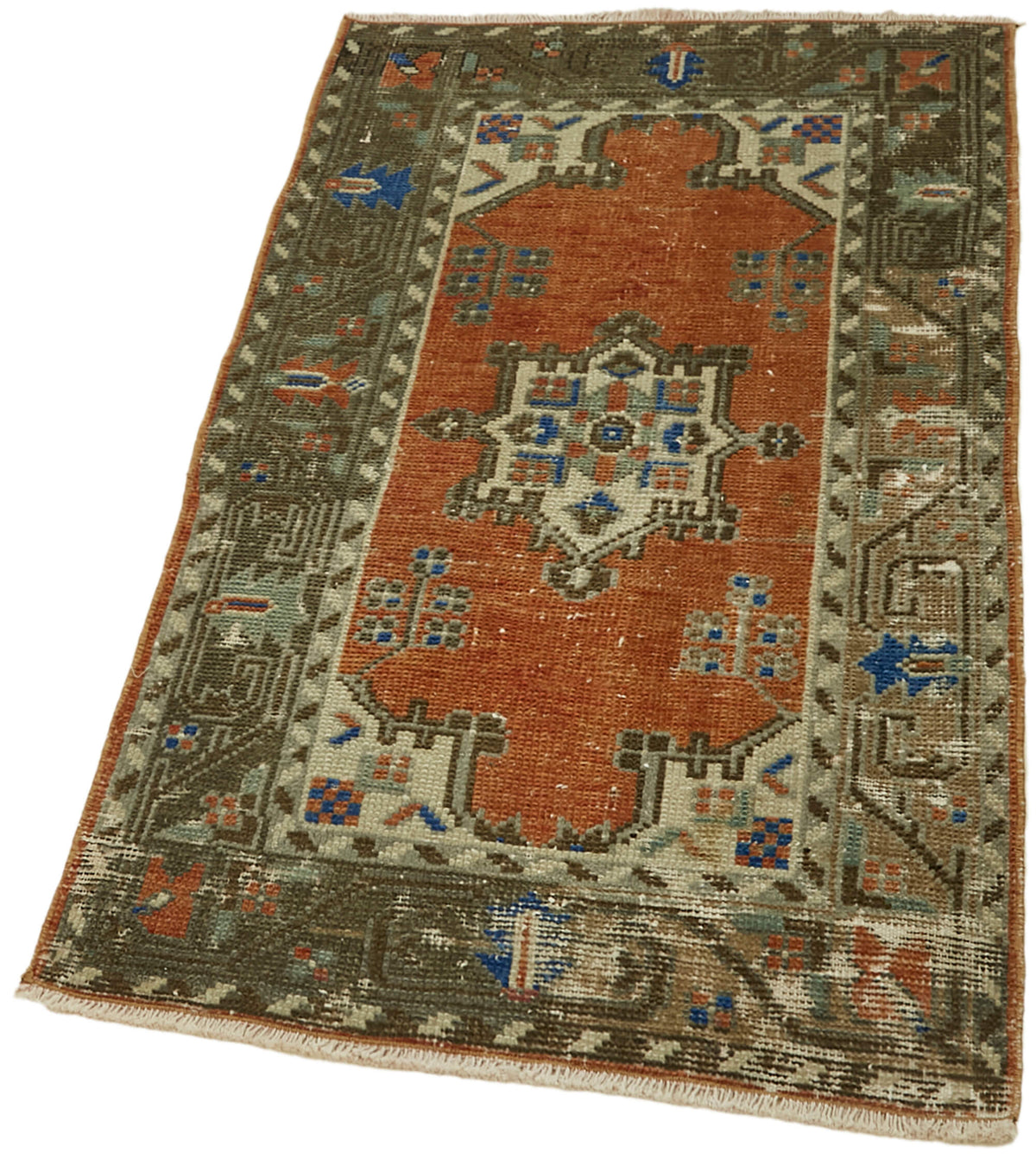 Kavale Anadolu El Dokuma Turuncu ve Kahverengi Geometrik Halı 69x120 cm – doku yakın çekim