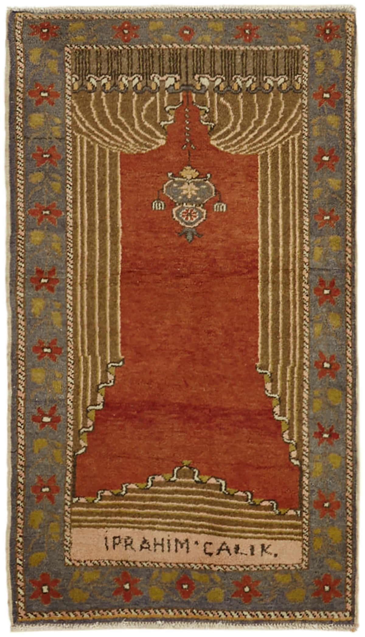 Gekro Kırmızı Geometrik Desenli Yün Pamuk El Dokuma Halı 68x116 cm