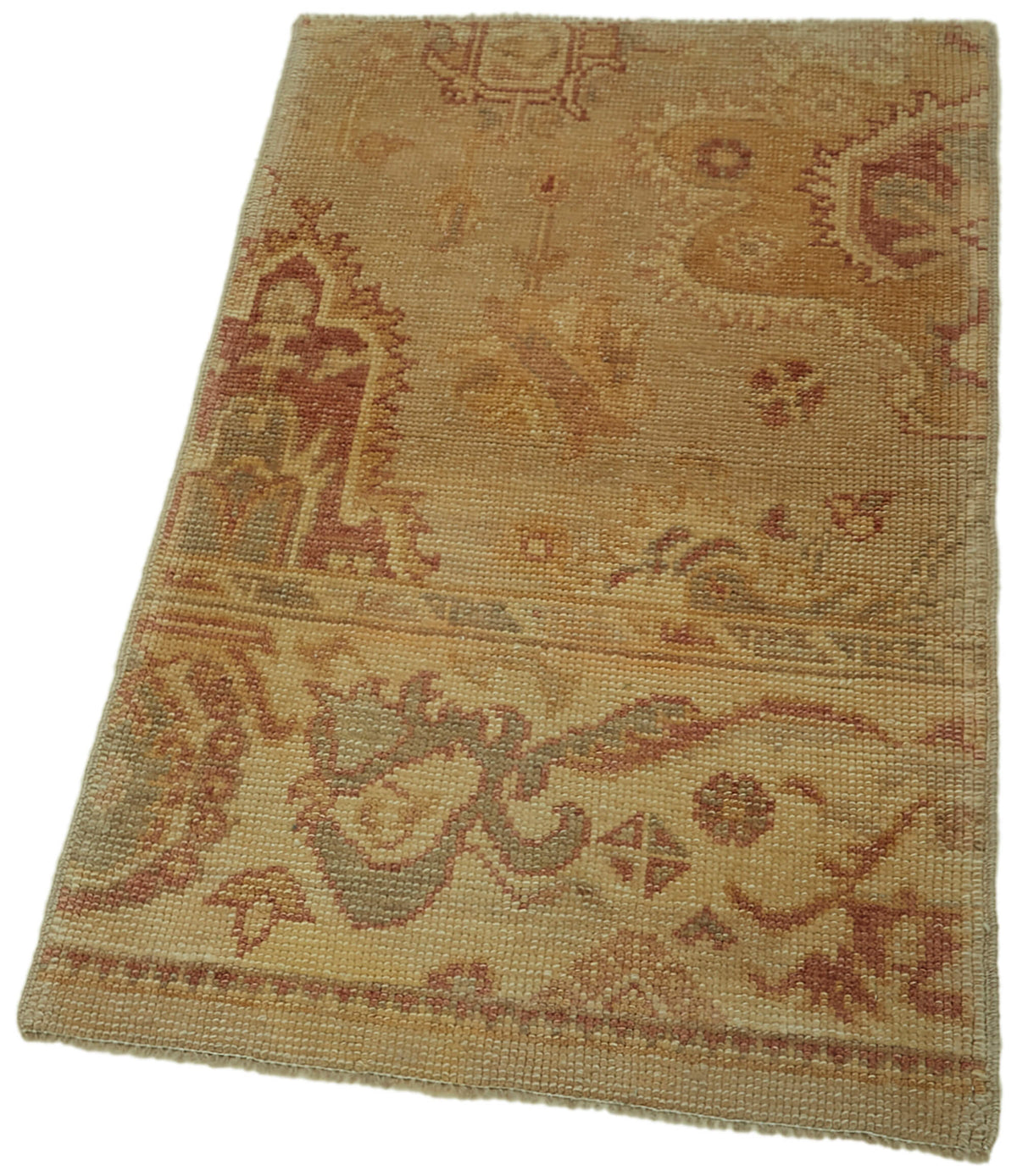 Gekro Bej Kırmızı Çiçek Desenli Yün Pamuk El Dokuma Halı 65x110 cm – doku yakın çekim