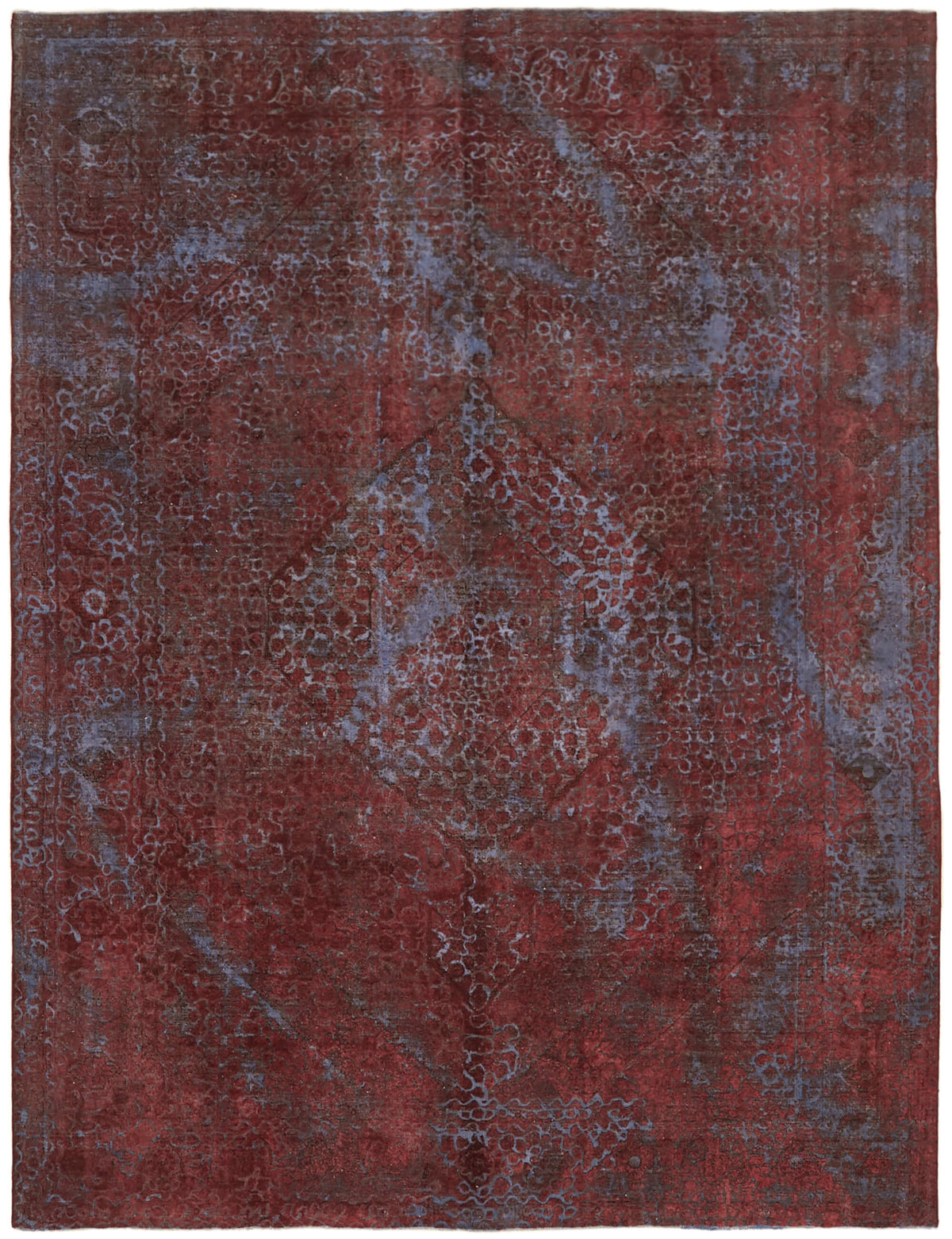 Zelko Kırmızı Mavi Madalyon Desenli Yün Eskitme Halı 296x380 cm
