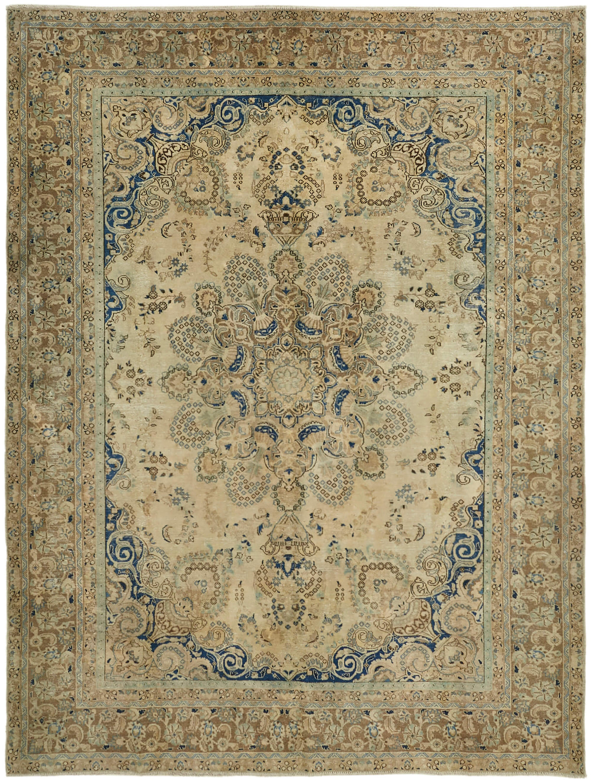 Rusvo Vintage Bej Lacivert Madalyon Desenli El Dokuma Halı 285x370 cm
