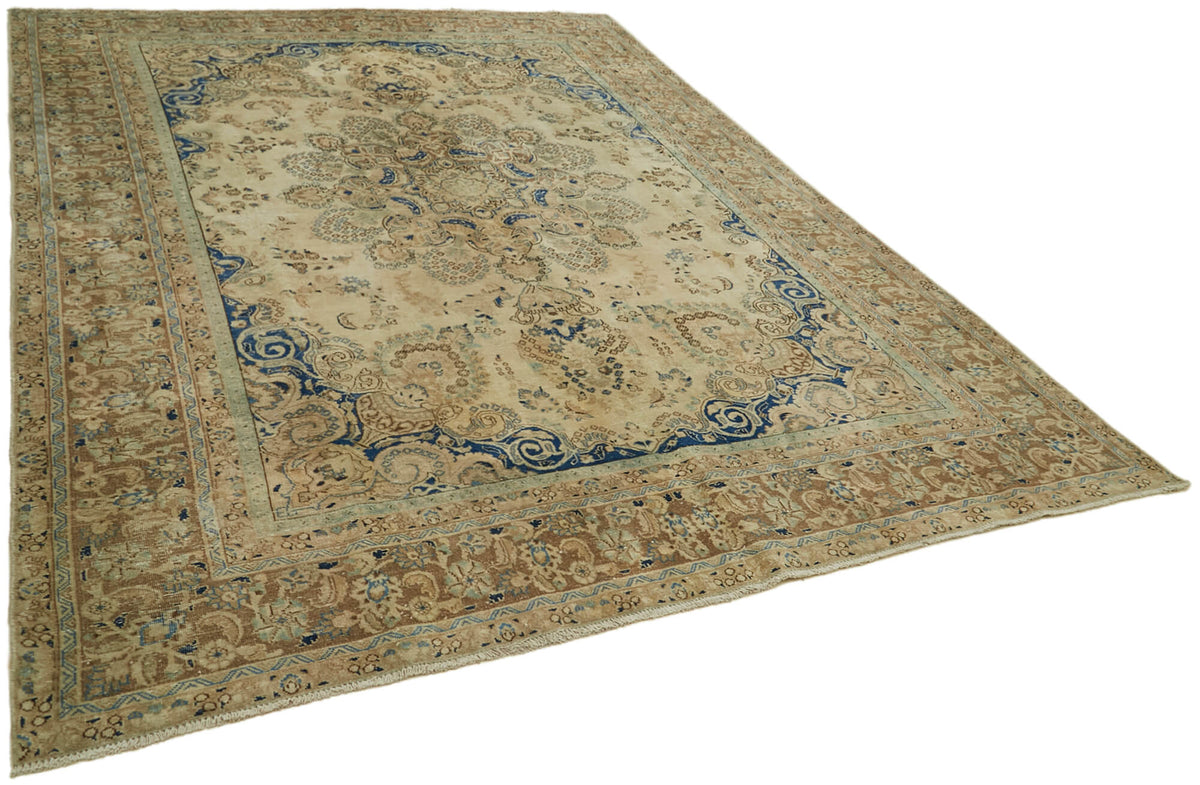 Rusvo Vintage Bej Lacivert Madalyon Desenli El Dokuma Halı 285x370 cm – genel görünüm