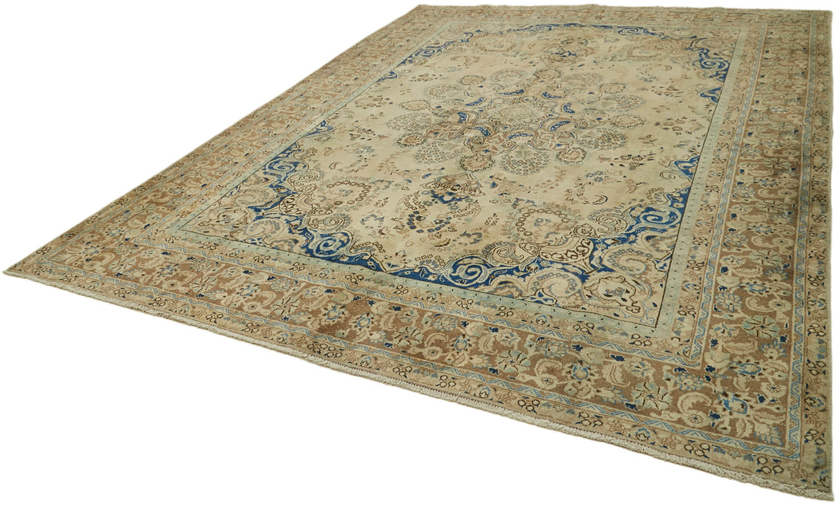 Rusvo Vintage Bej Lacivert Madalyon Desenli El Dokuma Halı 285x370 cm – doku yakın çekim