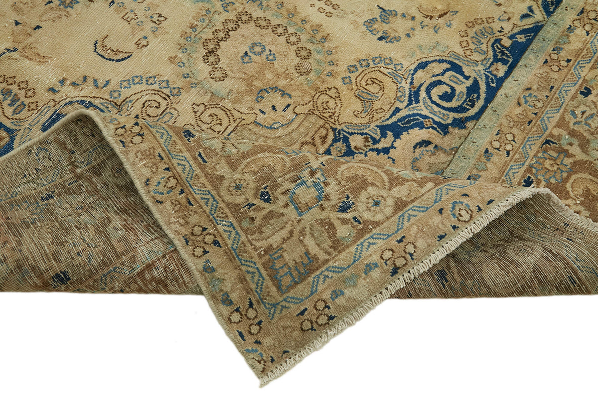Rusvo Vintage Bej Lacivert Madalyon Desenli El Dokuma Halı 285x370 cm – kenar detayı
