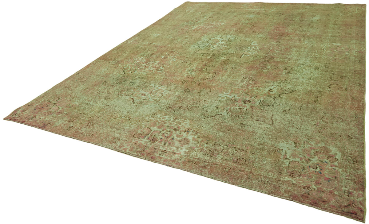 Zelko Yeşil Pembe Vintage Eskitme Yün El Dokuma Halı 285x390 cm – doku yakın çekim