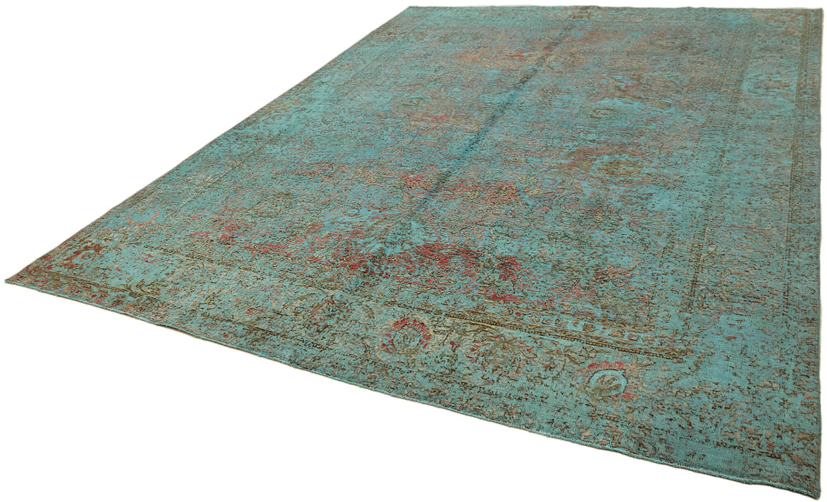 Zelko Eskitme Dokulu Kahverengi ve Turkuaz Çiçekli Halı 290x384 cm – doku yakın çekim