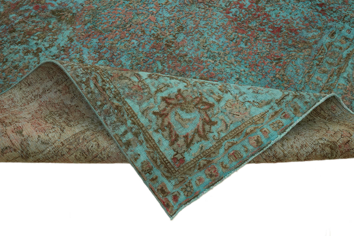 Zelko Eskitme Dokulu Kahverengi ve Turkuaz Çiçekli Halı 290x384 cm – kenar detayı