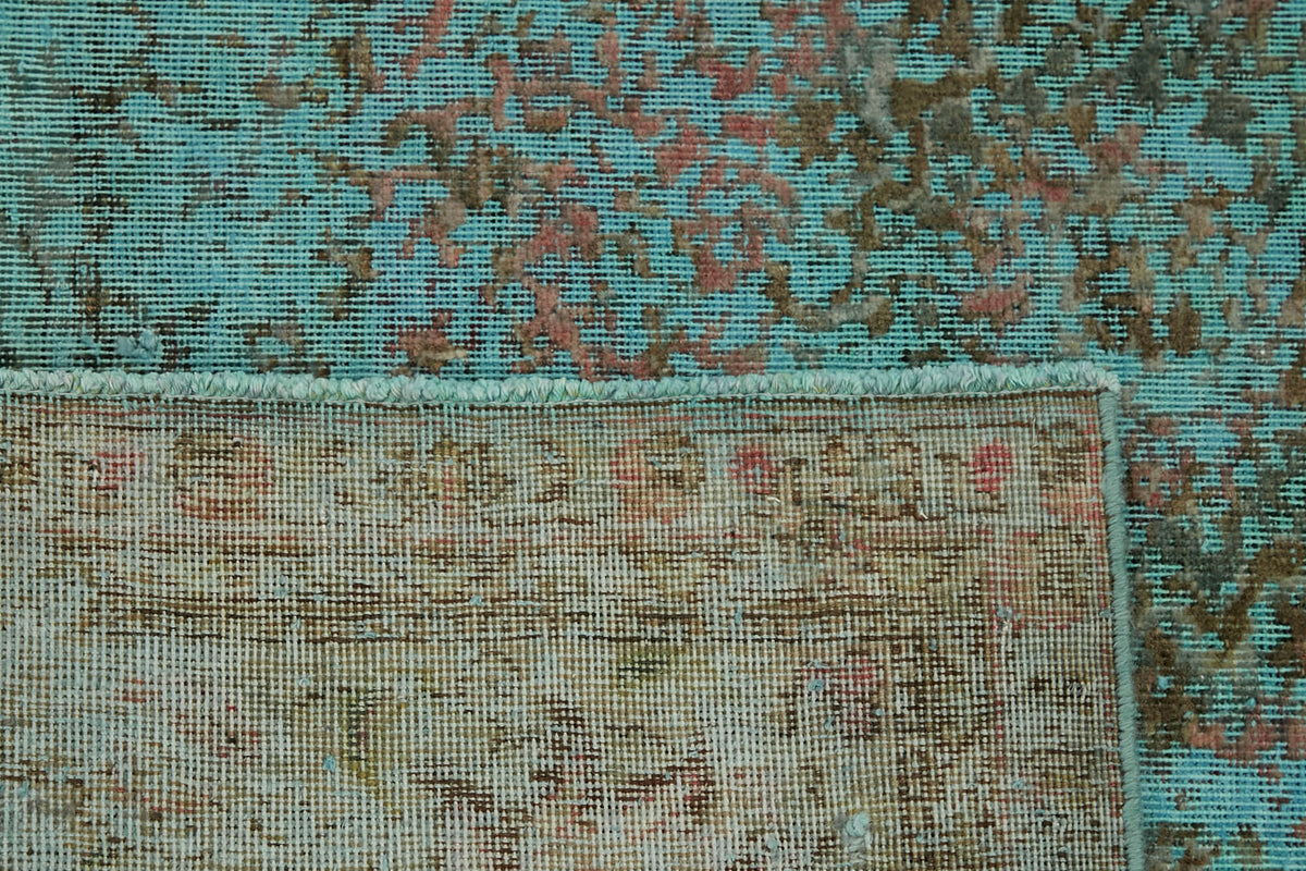 Zelko Eskitme Dokulu Kahverengi ve Turkuaz Çiçekli Halı 290x384 cm – arka yüz görünümü