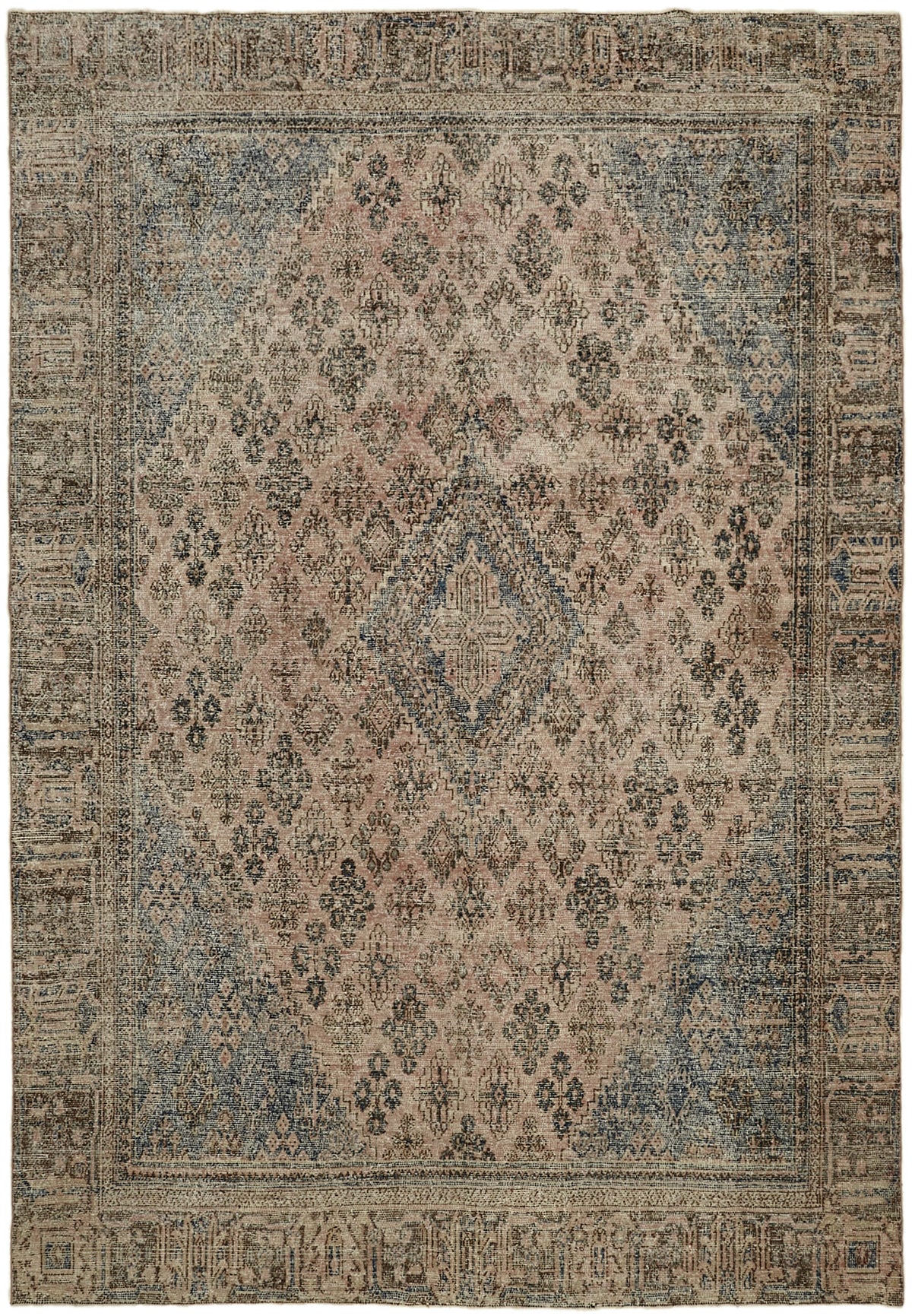 Rusvo Madalyon Desenli Bej ve Gri Vintage Eskitme Halı 265x376 cm