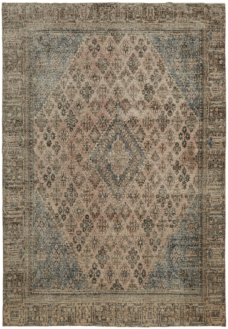 Rusvo Madalyon Desenli Bej ve Gri Vintage Eskitme Halı 265x376 cm