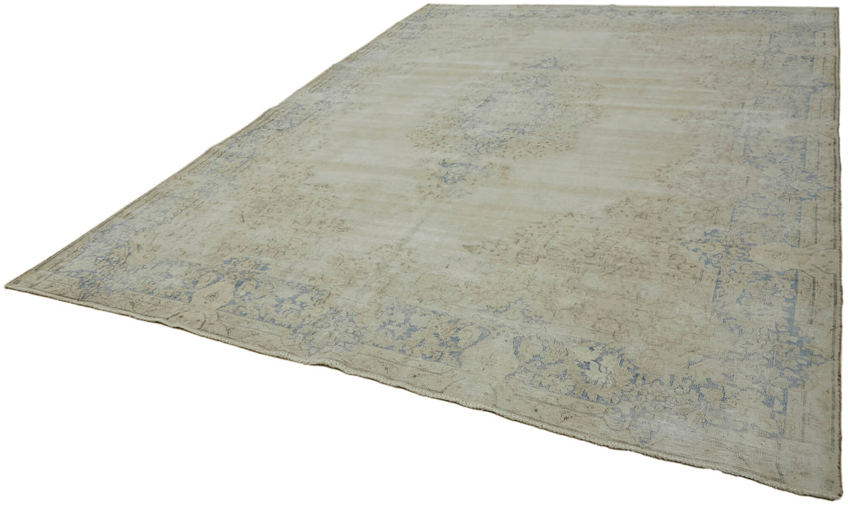 Rusvo Bej Mavi Madalyon Desenli Vintage El Dokuma Halı 289x387 cm – doku yakın çekim