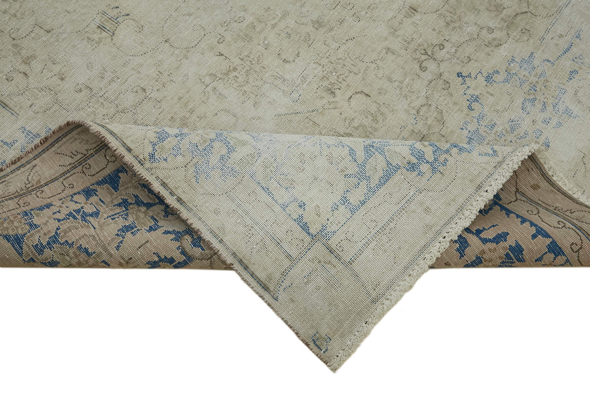 Rusvo Bej Mavi Madalyon Desenli Vintage El Dokuma Halı 289x387 cm – kenar detayı