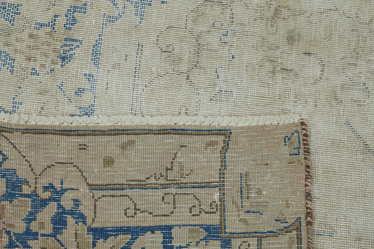 Rusvo Bej Mavi Madalyon Desenli Vintage El Dokuma Halı 289x387 cm – arka yüz görünümü
