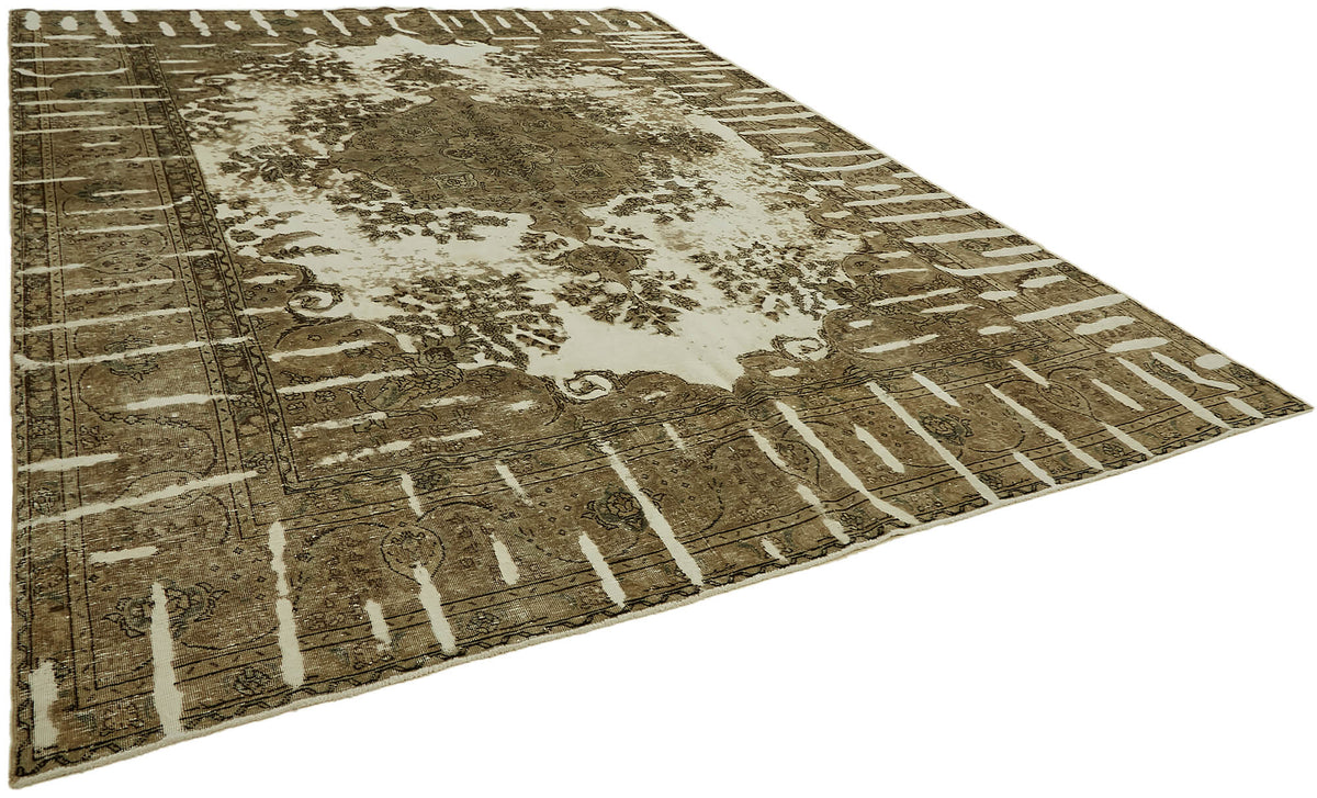 Rusvo Soyut Desenli Kahverengi Krem Vintage El Dokuma Halı 306x398 cm – genel görünüm