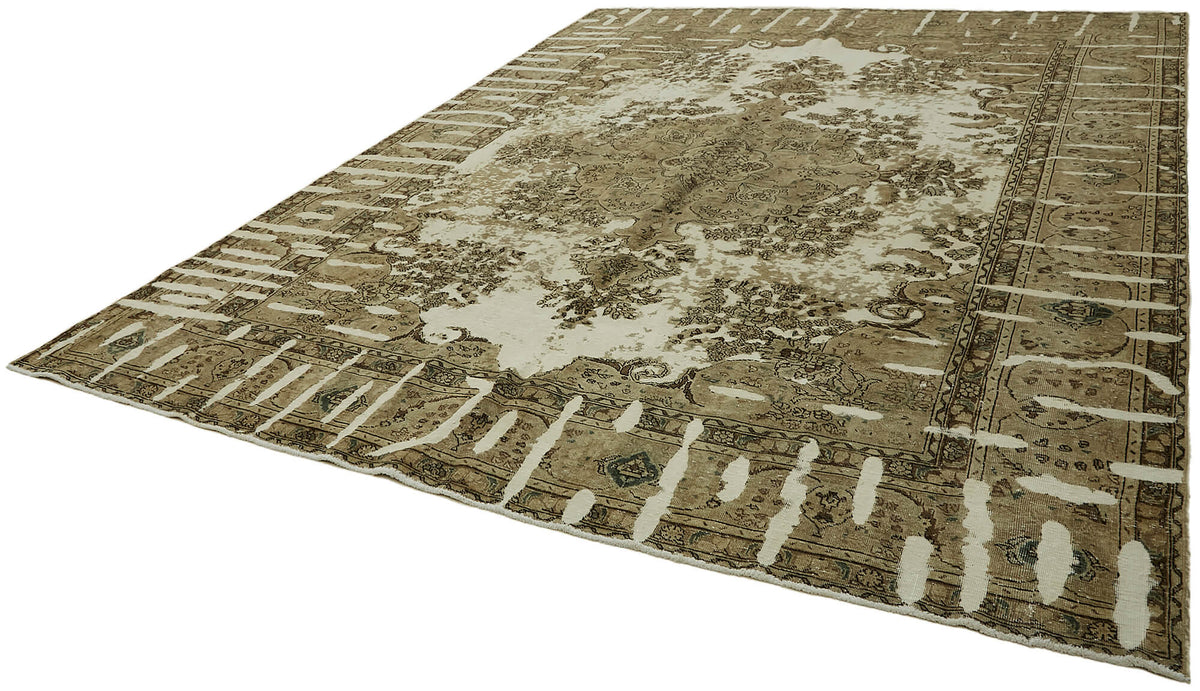 Rusvo Soyut Desenli Kahverengi Krem Vintage El Dokuma Halı 306x398 cm – doku yakın çekim