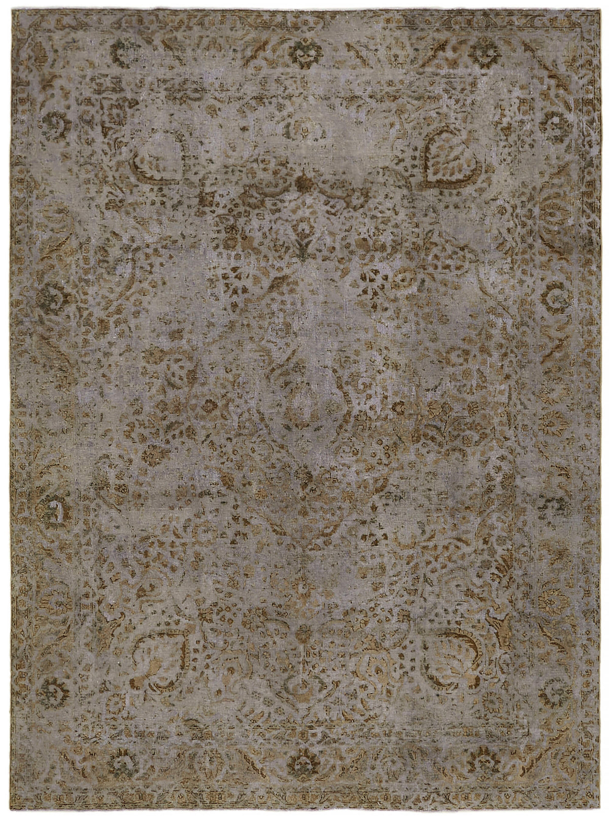 Rusvo Gri Madalyon Desenli Bej Eskitme Yün El Dokuma Halı 250x333 cm