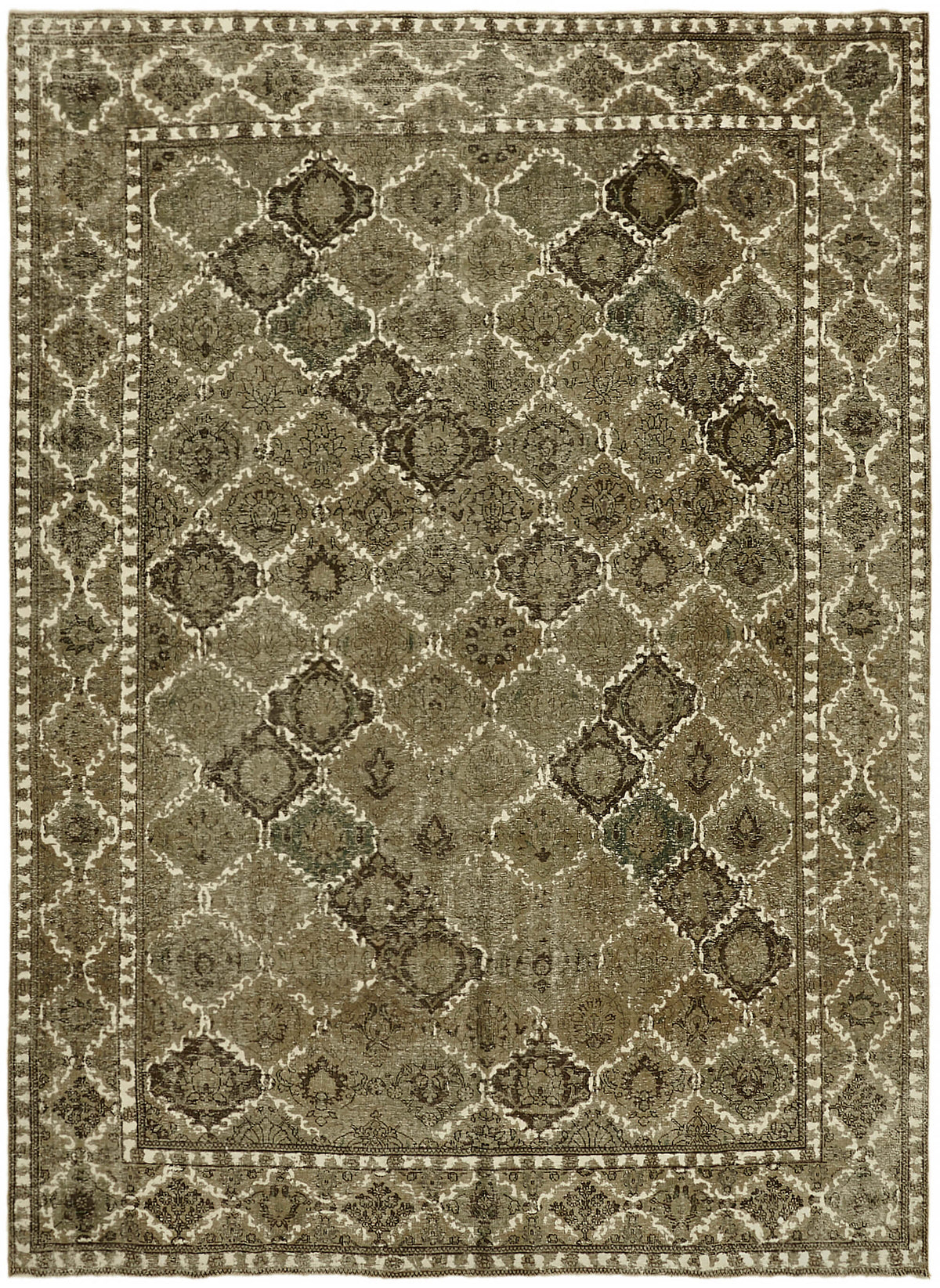 Rusvo Geometrik Desenli Kahverengi Bej Vintage El Dokuma Halı 300x398 cm