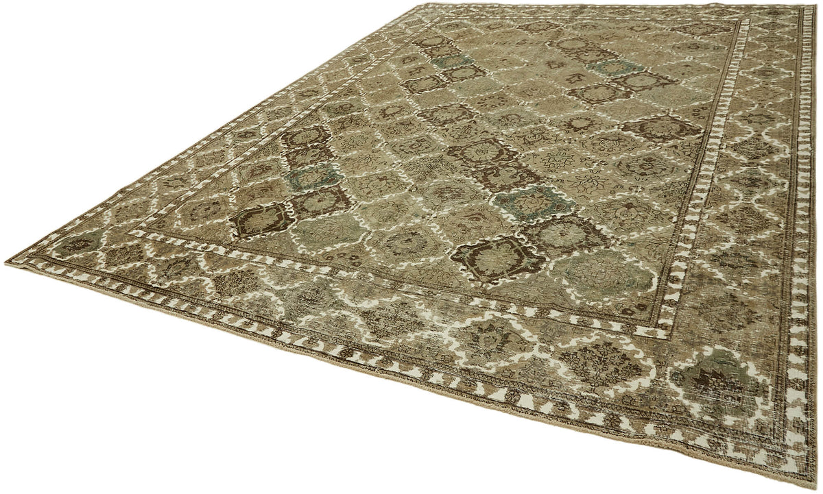Rusvo Geometrik Desenli Kahverengi Bej Vintage El Dokuma Halı 300x398 cm – doku yakın çekim