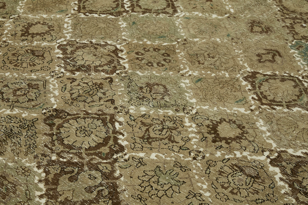 Rusvo Geometrik Desenli Kahverengi Bej Vintage El Dokuma Halı 300x398 cm – mekânda kullanım