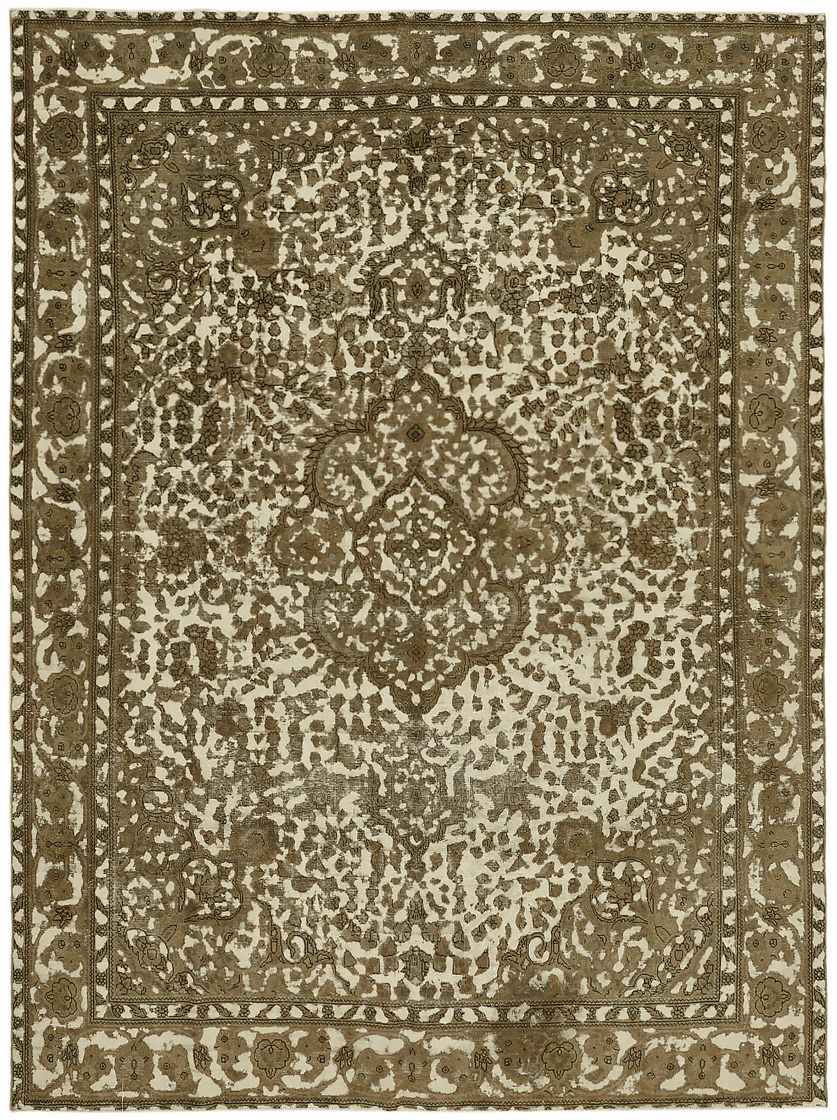 Rusvo Bej ve Kahverengi Madalyon Desenli Yün Vintage Halı 292x380 cm