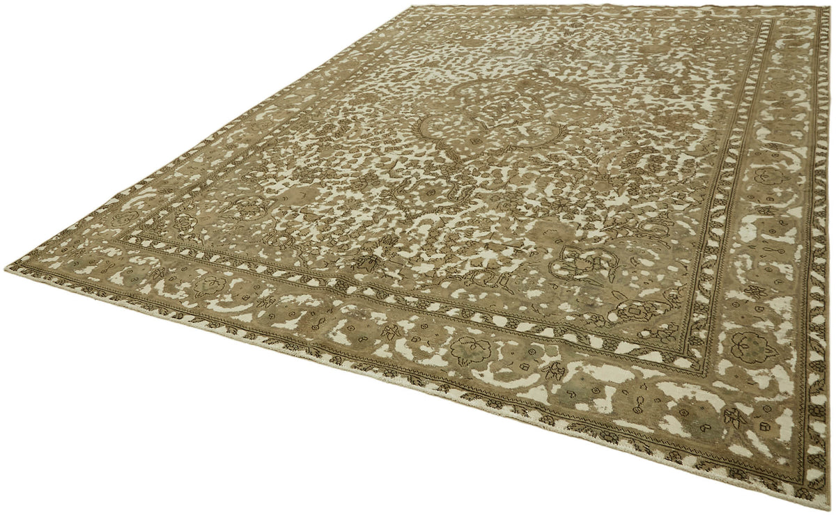 Rusvo Bej ve Kahverengi Madalyon Desenli Yün Vintage Halı 292x380 cm – doku yakın çekim