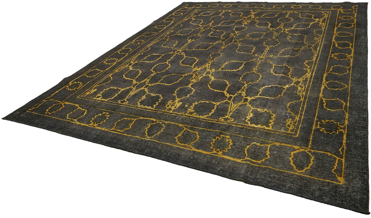 Zelko Siyah Altın Geometrik Desenli Klasik Pamuk Yün El Dokuma Halı 300x377 cm – doku yakın çekim