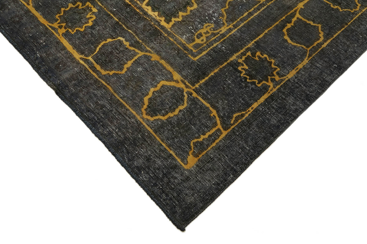 Zelko Siyah Altın Geometrik Desenli Klasik Pamuk Yün El Dokuma Halı 300x377 cm – detay görünümü