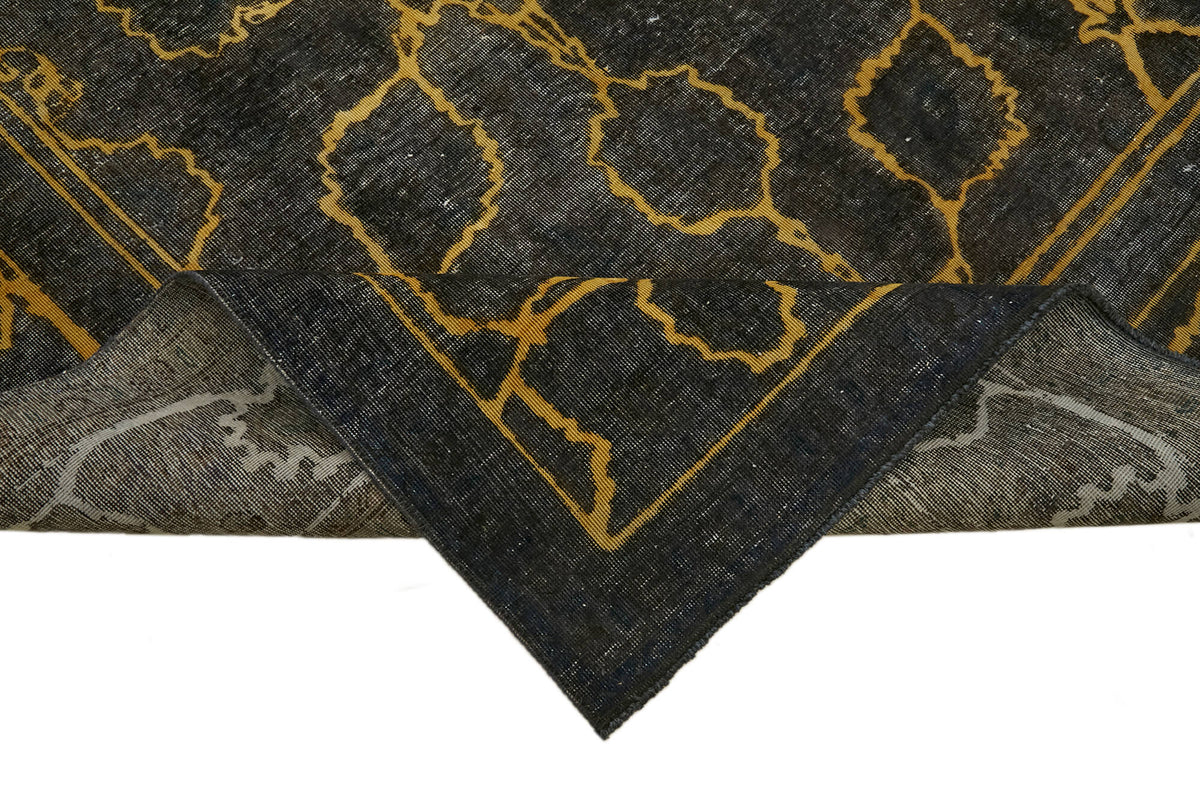 Zelko Siyah Altın Geometrik Desenli Klasik Pamuk Yün El Dokuma Halı 300x377 cm – kenar detayı