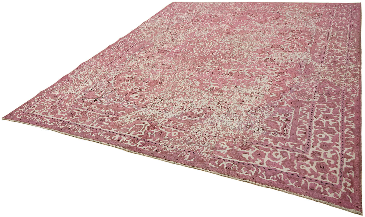 Zelko Vintage Overdyed Pembe Beyaz Çiçek Desenli El Dokuma Halı 287x361 cm – doku yakın çekim