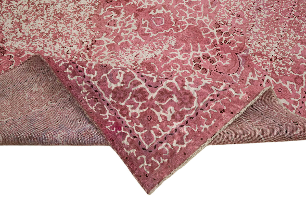 Zelko Vintage Overdyed Pembe Beyaz Çiçek Desenli El Dokuma Halı 287x361 cm – kenar detayı