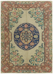 Rusvo Bej Pembe Çiçek Desenli Yün ve Pamuk Vintage Halı 238x330 cm